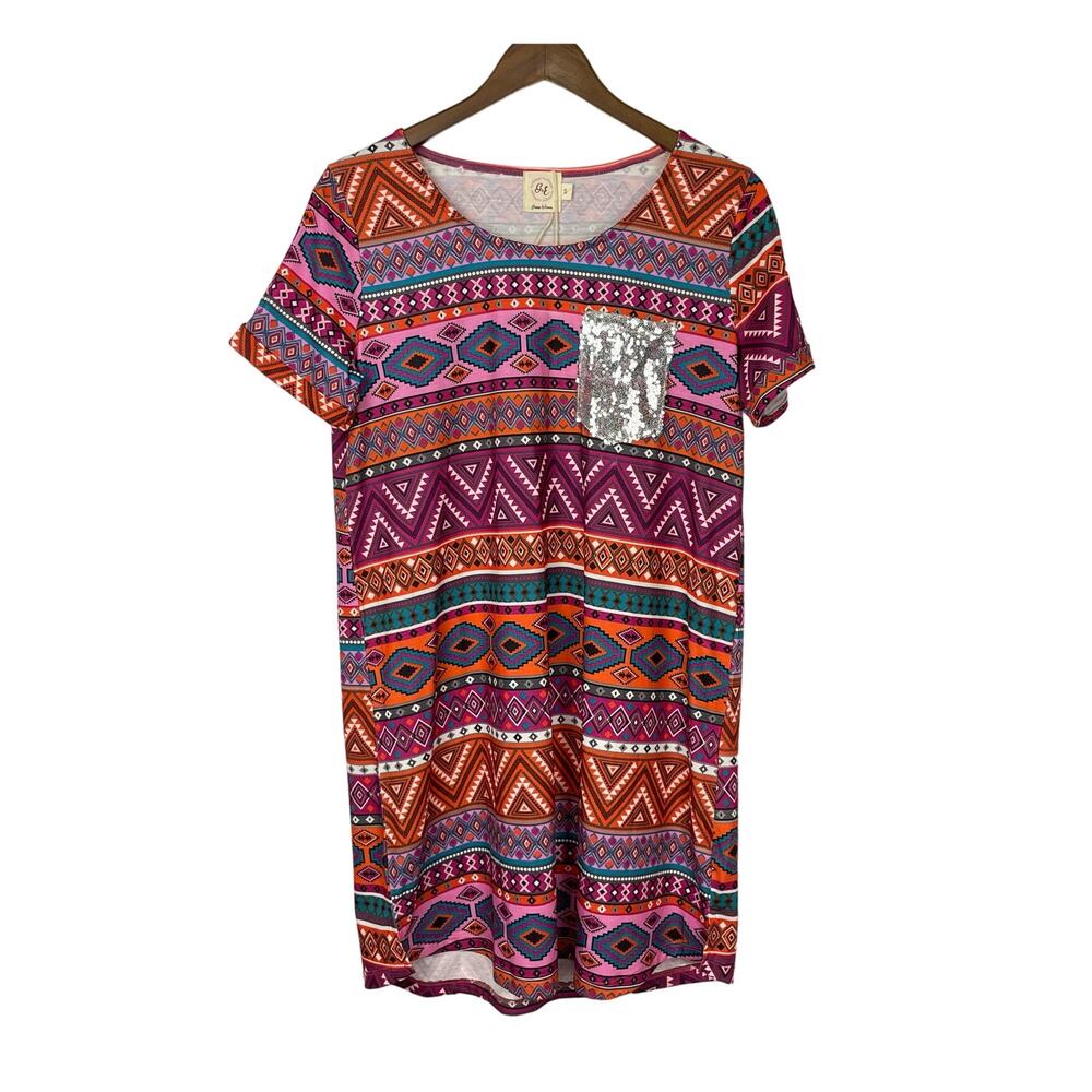 Grace & Emma NEW Colorful Aztec Print Sequin Pocket Comfortable Shift Dress